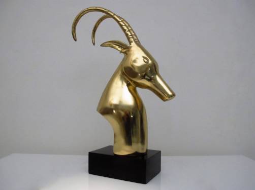 Leon Chervet style vintage brass Ibex Gazelle Rams Head sculpture, 1960`s ca, French